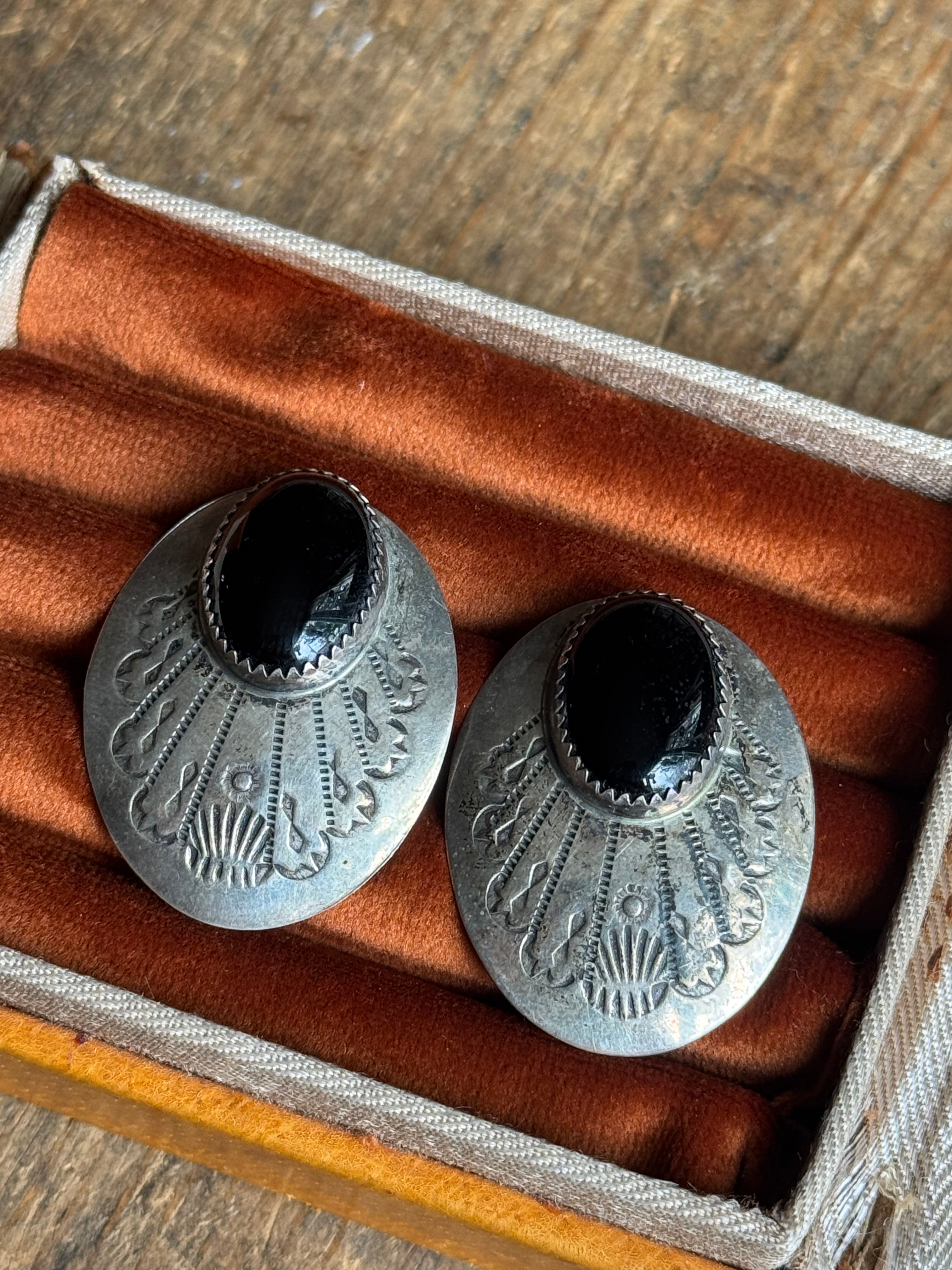 Vintage Sterling Silver Onyx Stamped Concho Earrings