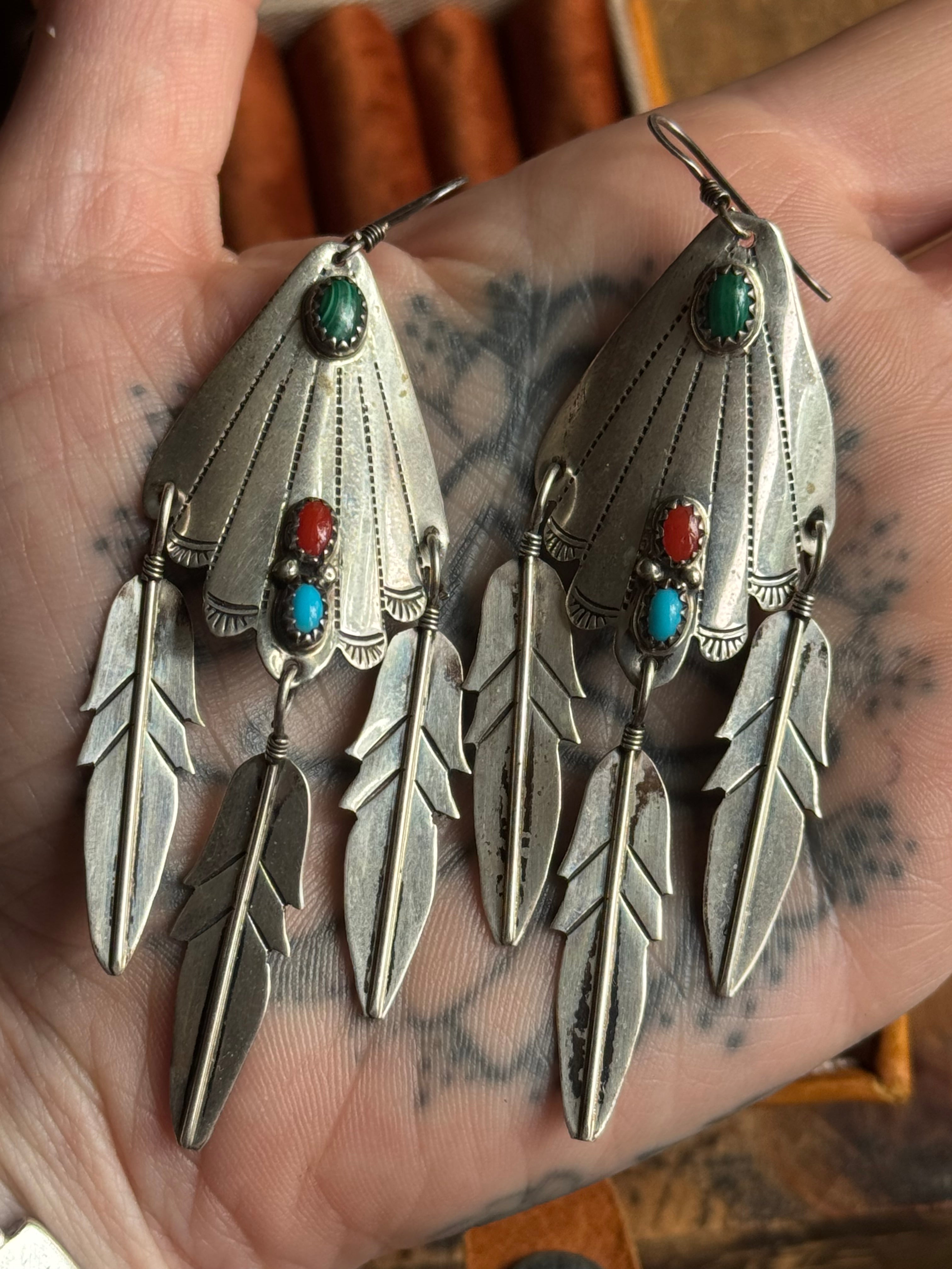 Vintage Sterling Silver Malachite Coral & Turquoise Feather Fan Earrings