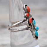 Vintage Sterling Turquoise and Coral Cluster Ring 7.5