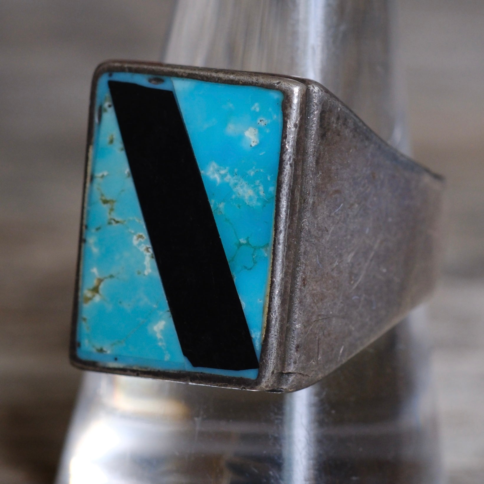 Vintage Sterling Turquoise and Onyx Inlay Ring 10.25