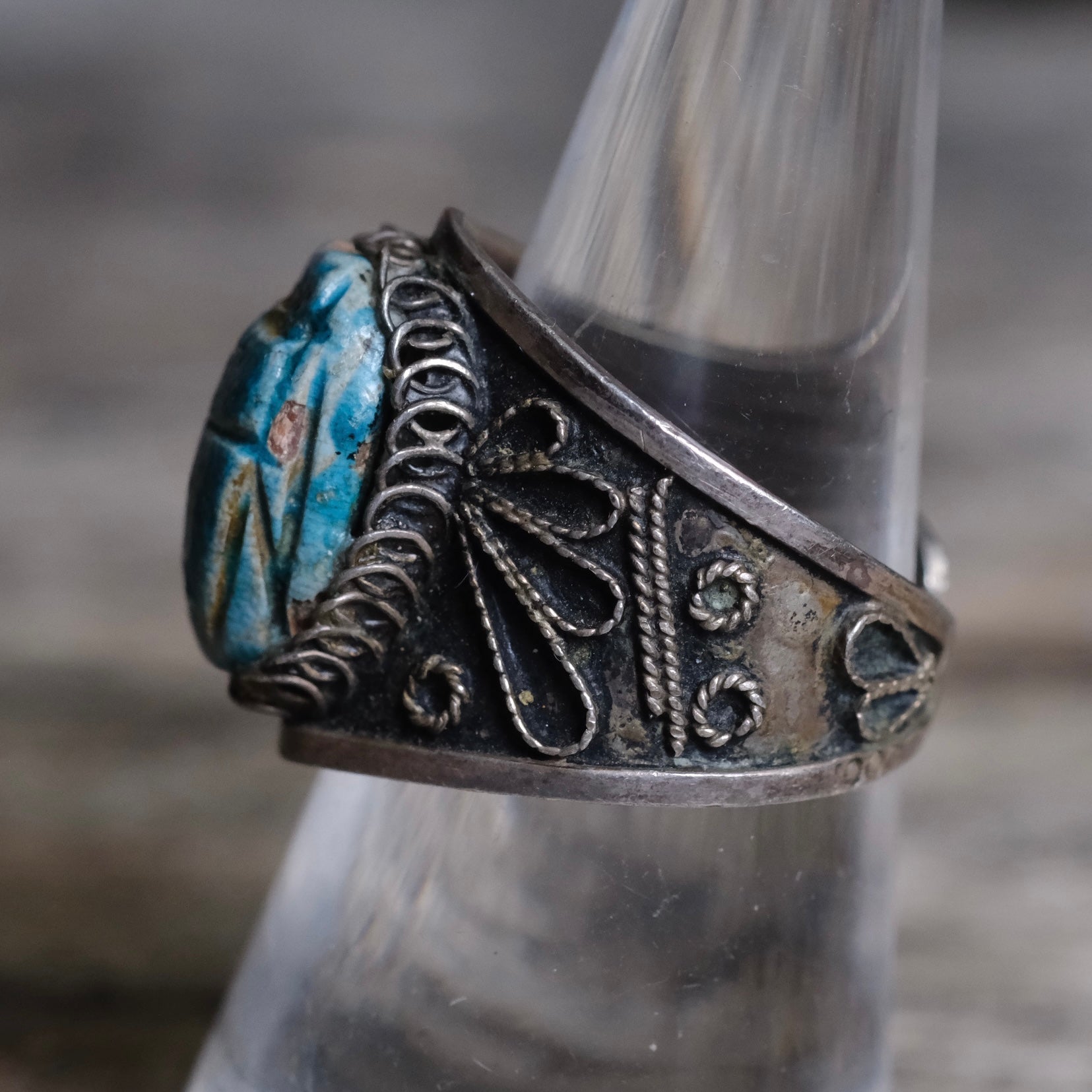Vintage Sterling Carved Turquoise Scarab Open Back Ring 7.5