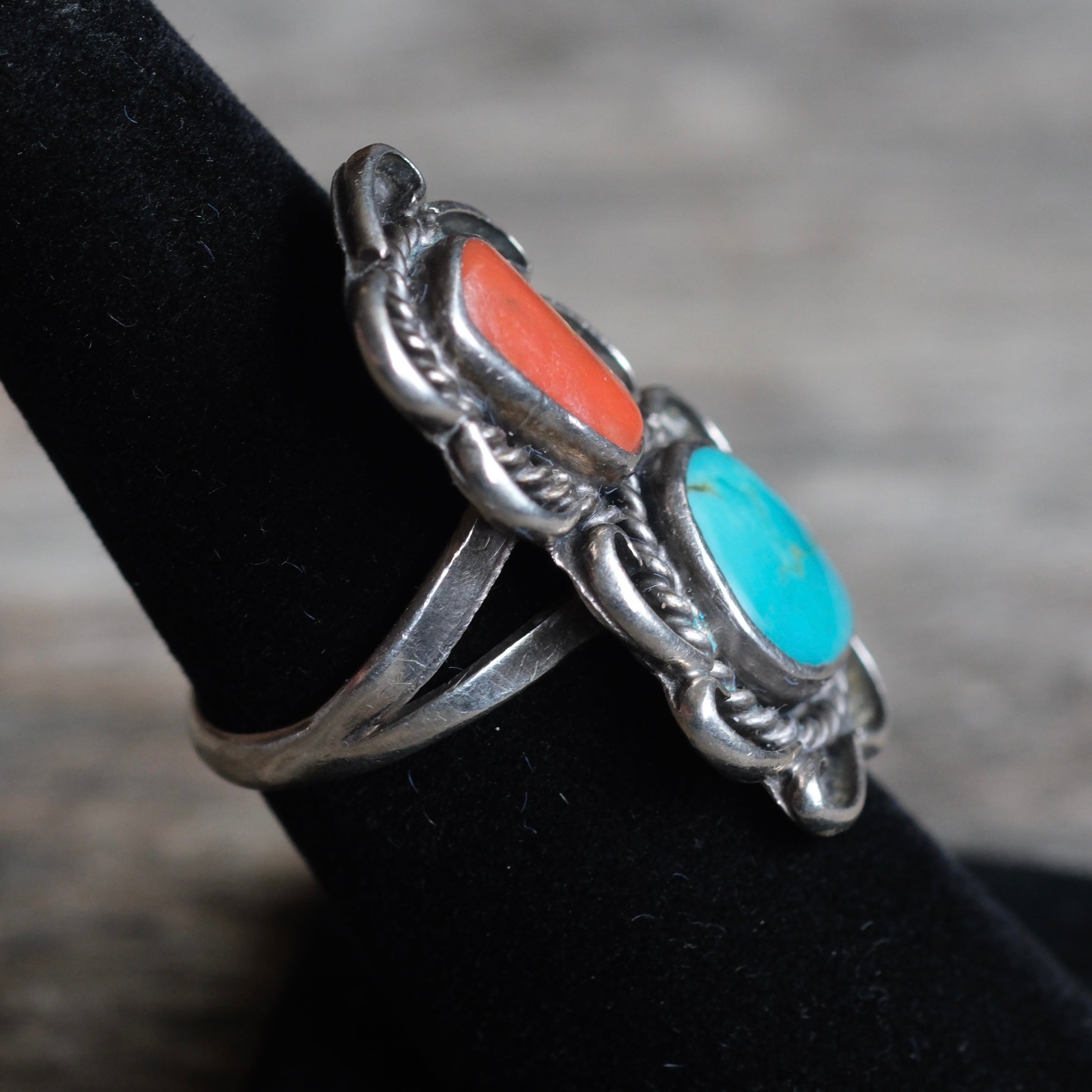 Vintage Sterling Turquoise and Coral Ring 6.25