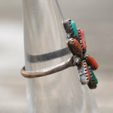 Vintage Sterling Turquoise and Coral Cluster Ring 4.5