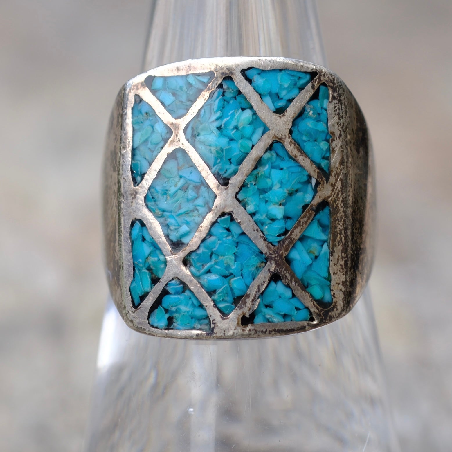Vintage Sterling Turquoise Inlay Ring 7.25