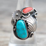 Vintage Sterling Turquoise and Coral Feather Ring 7.5