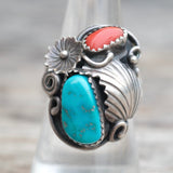 Vintage Sterling Turquoise and Coral Feather Ring 7.5