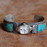 Vintage Sterling Turquoise Inlay Watch Cuff Bracelet