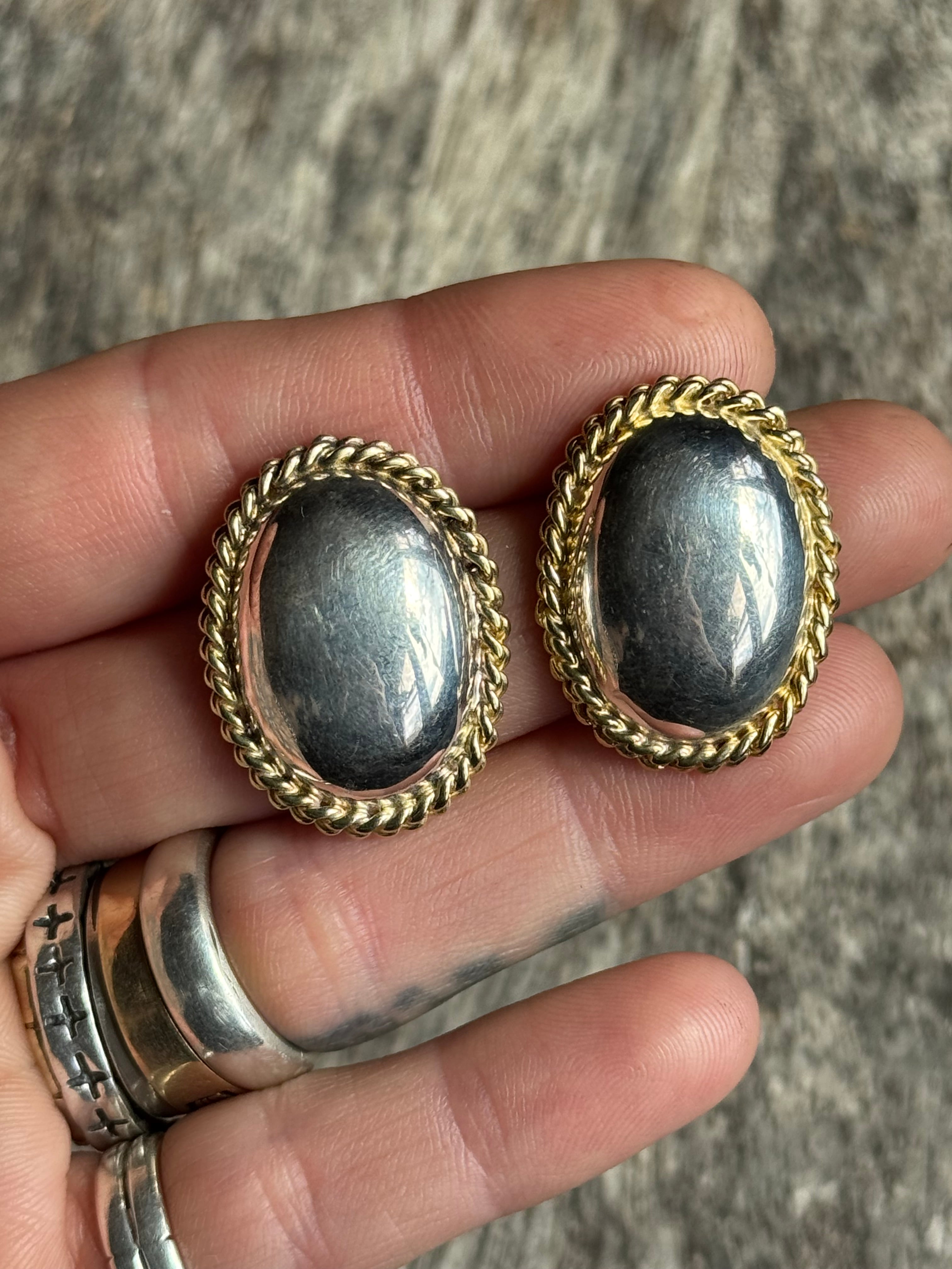 Vintage Sterling Silver Domed Gold-Tone Roped Earrings