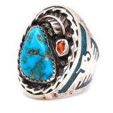 Vintage Sterling Turquoise and Coral Thunderbird Ring 9.5