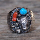 Vintage Sterling Turquoise and Coral Buffalo Ring 10