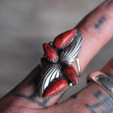 Vintage Sterling Red Jasper Feather Ring 7