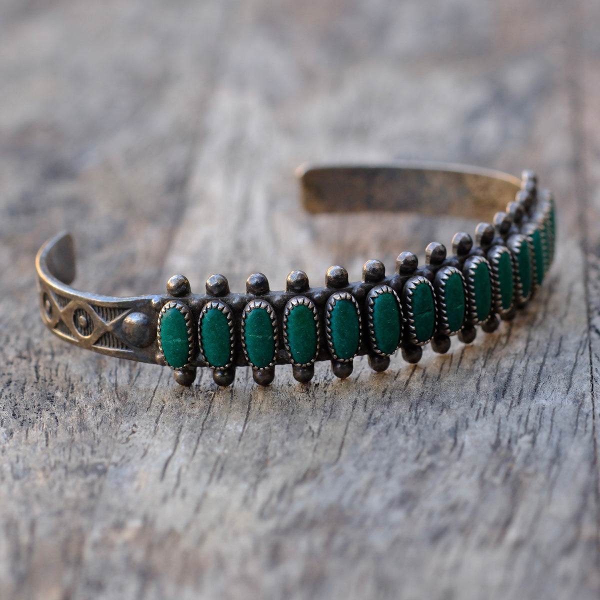 Vintage Sterling Turquoise Row Stamped Cuff Bracelet