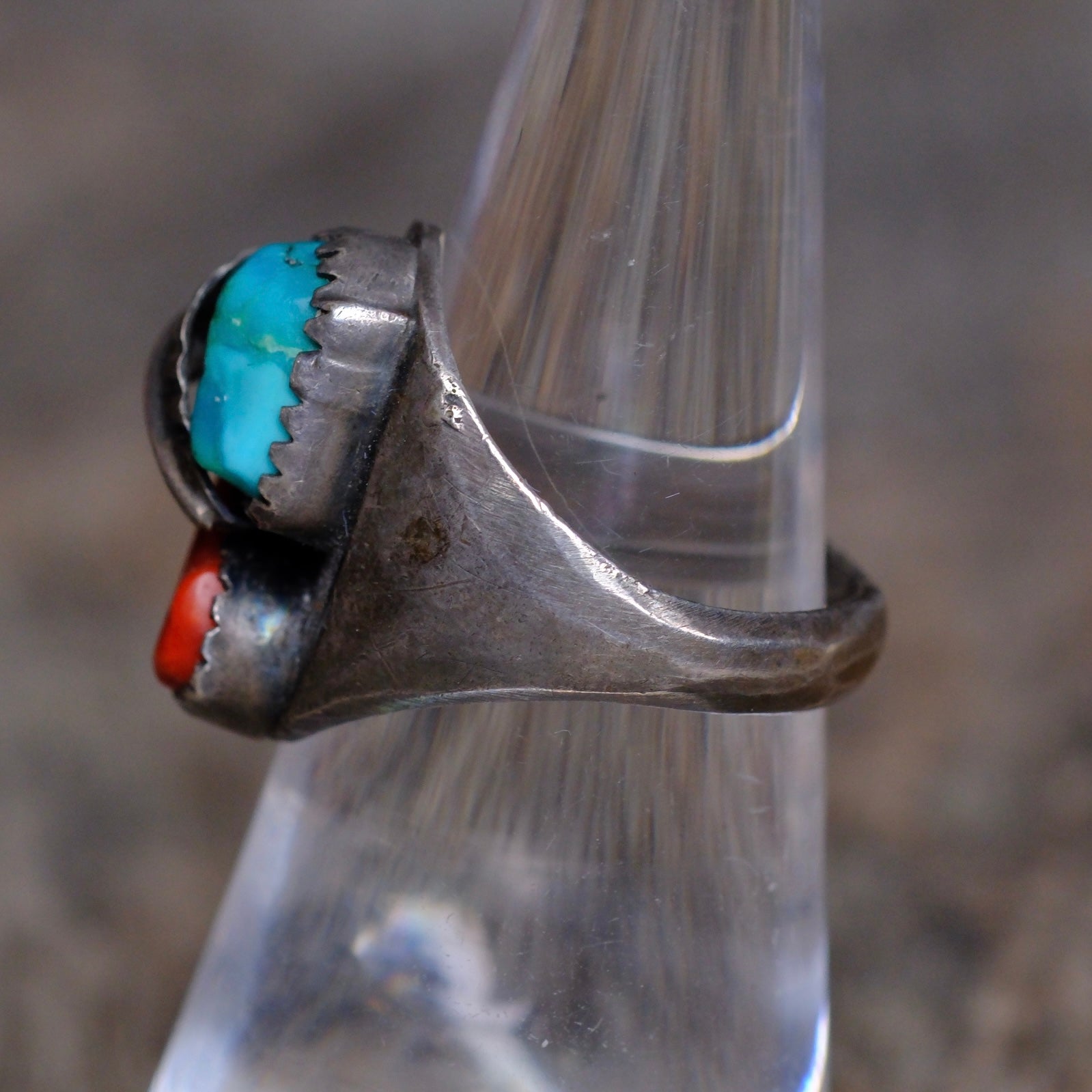 Vintage Sterling Turquoise and Coral Feather Ring 6