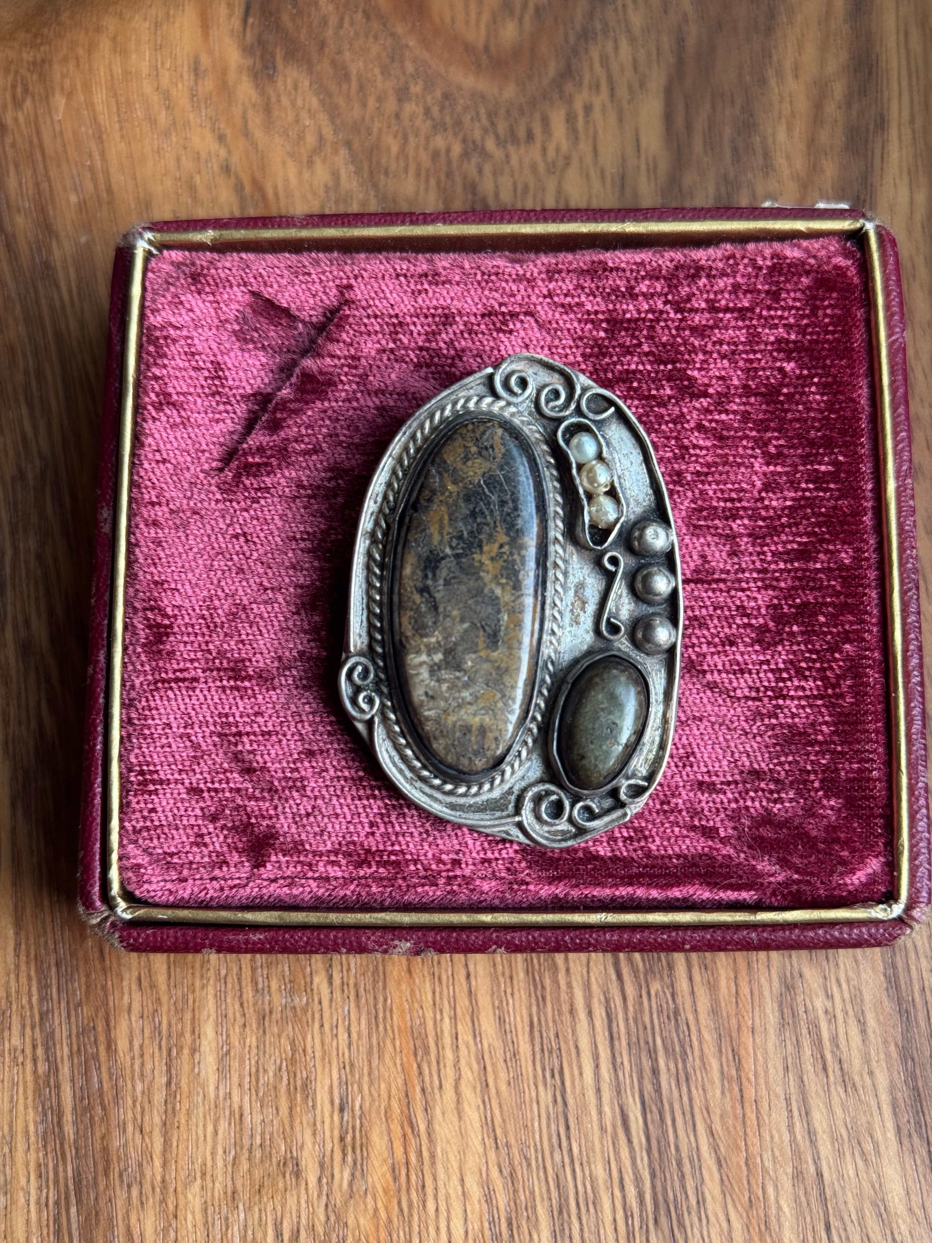 Vintage Sterling Silver Jasper & Seed Pearl Modernist Pin/Pendant