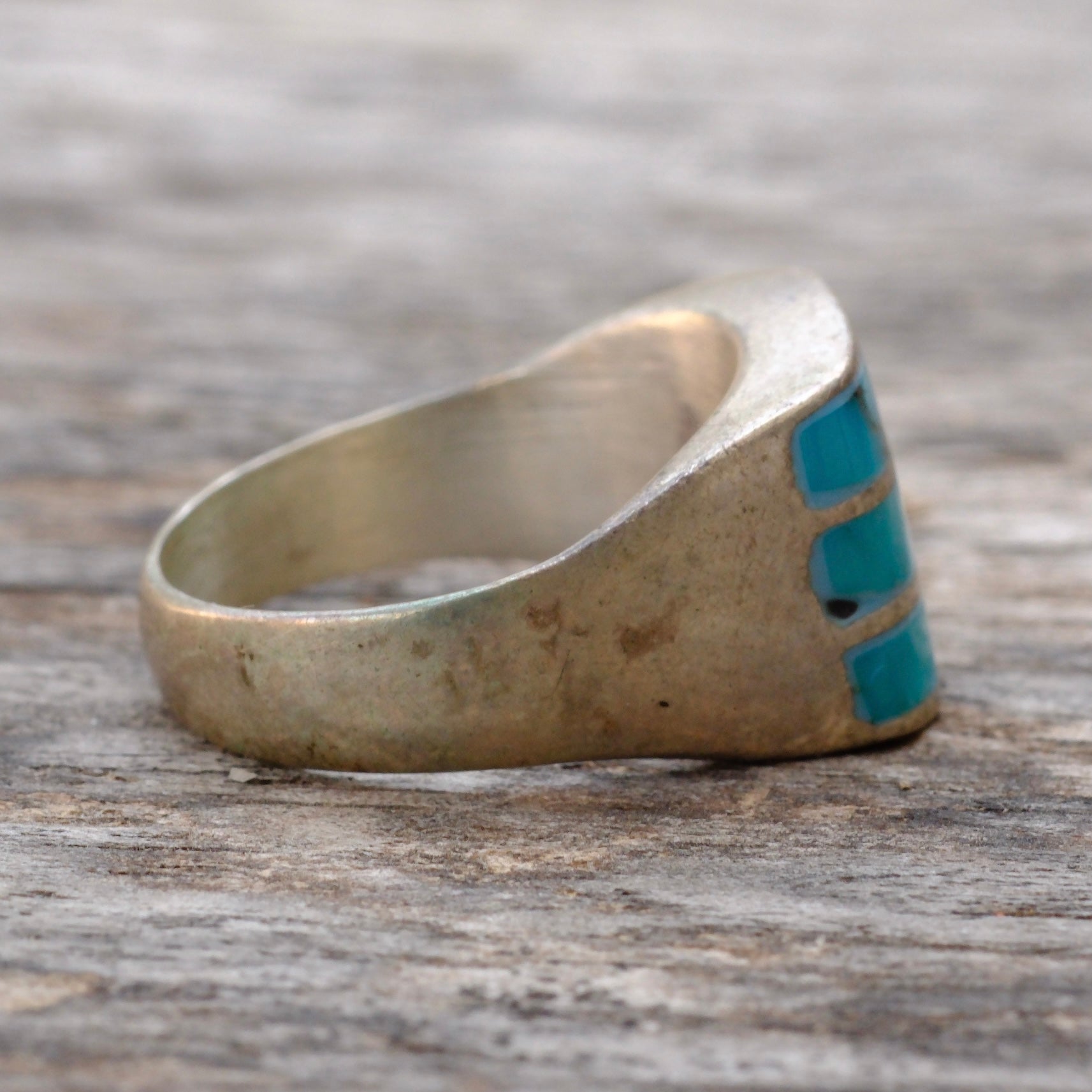 Vintage Sterling Turquoise Inlay Striper Ring 8.5