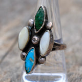Vintage Sterling Turquoise and Mother Of Pearl Cluster Ring 8.75