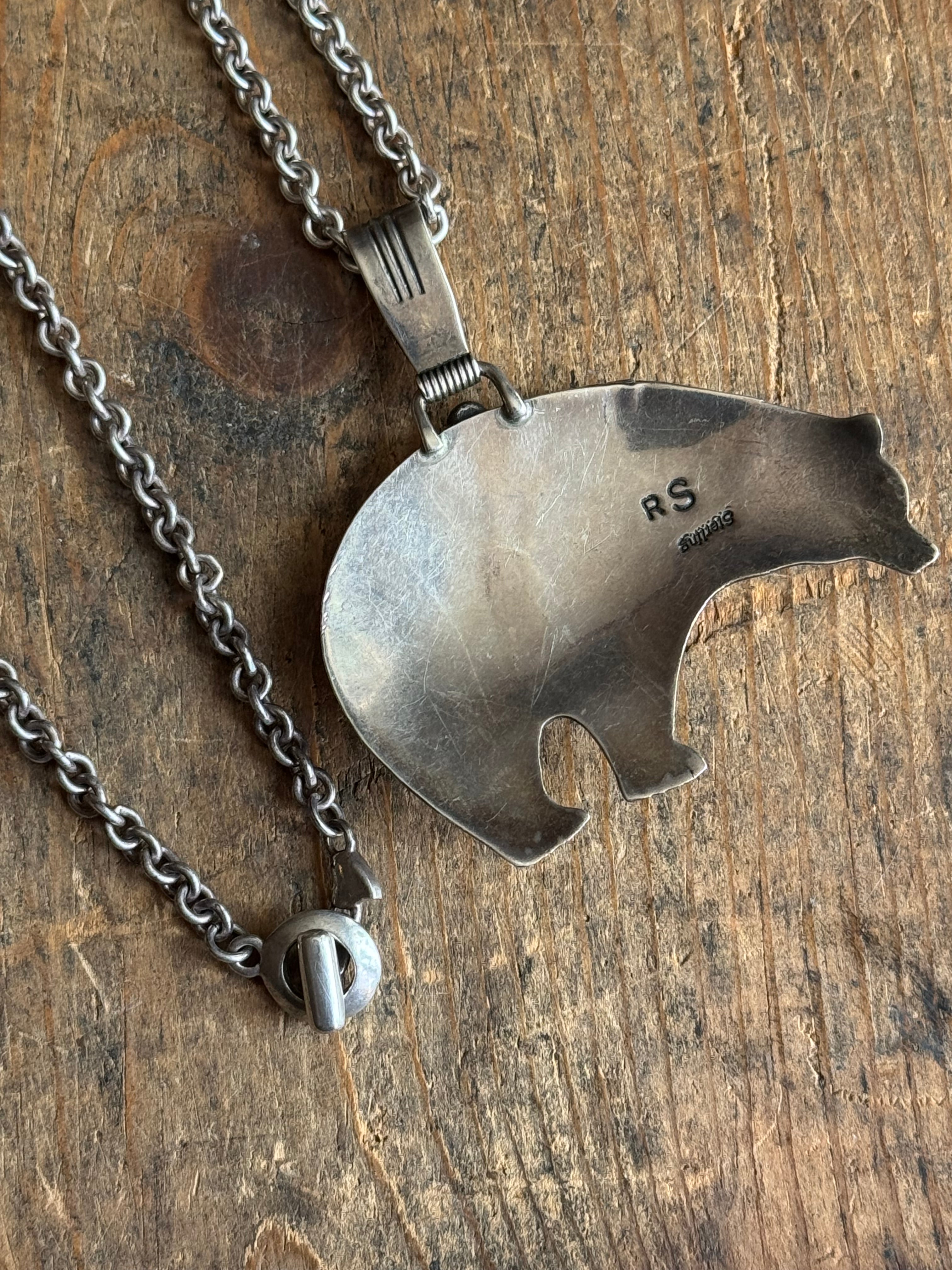 Vintage Sterling Silver Turquoise and Coral Bear Necklace