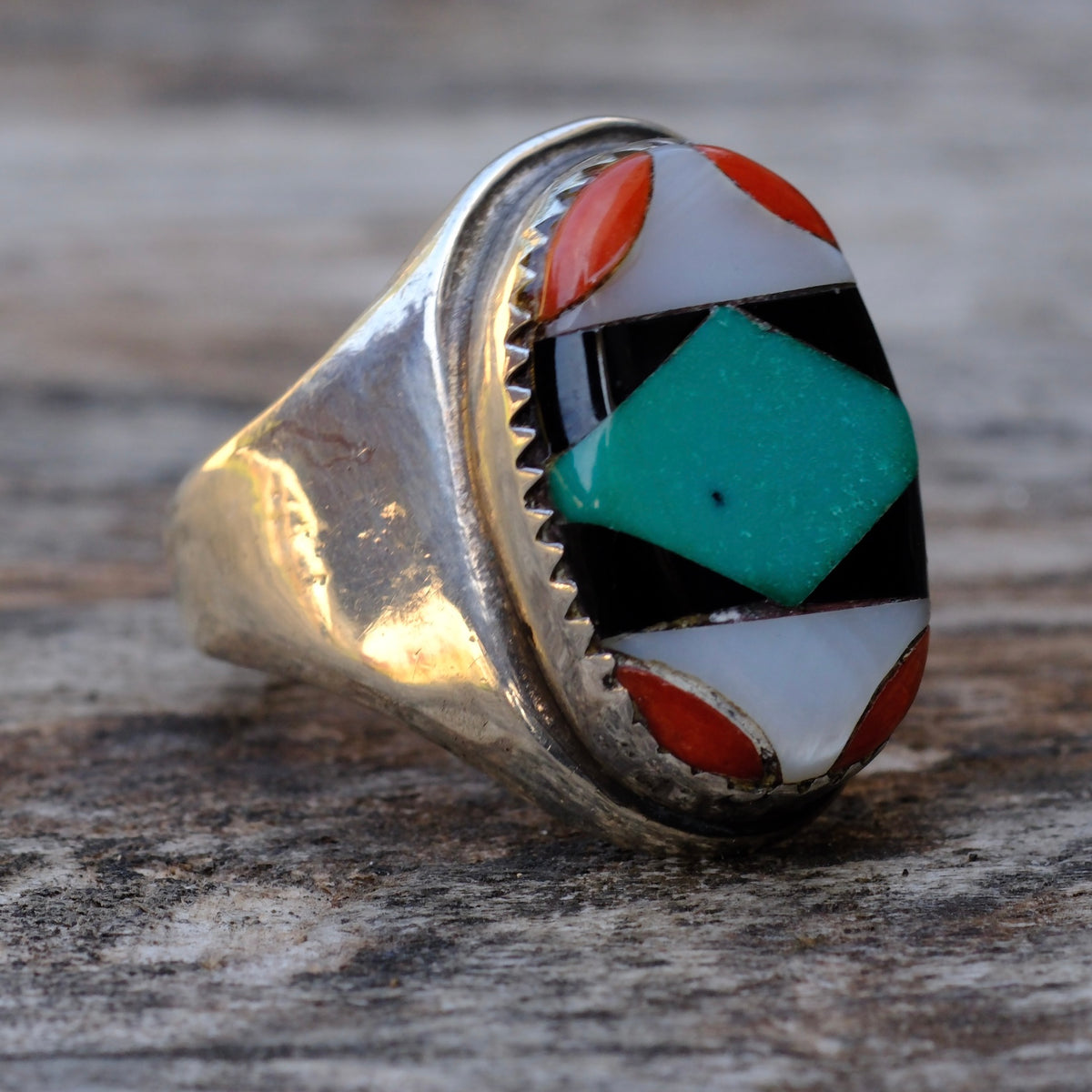 Vintage Sterling Multi Stone Inlay Ring 7