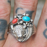 Vintage Sterling Turquoise and Coral Buffalo Ring 14