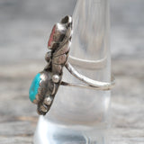 Vintage Sterling Turquoise and Coral Feather Ring 8.5