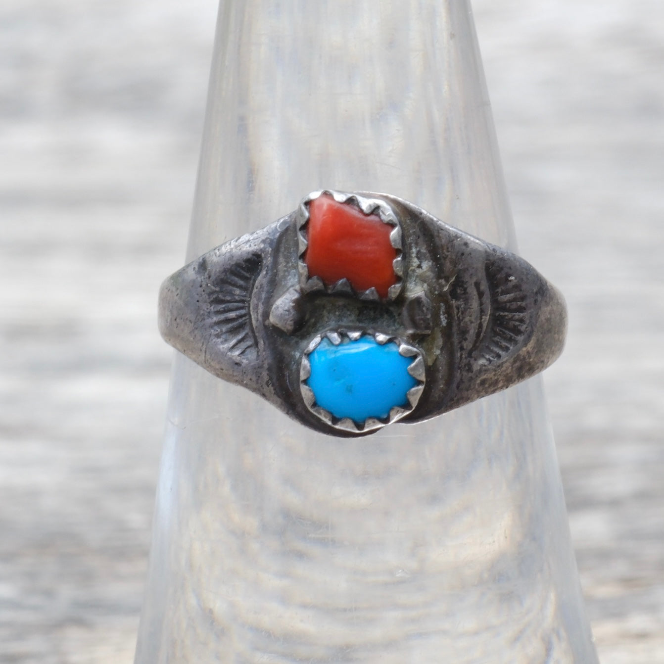 Vintage Sterling Turquoise and Coral Stamped Band Ring 6.25