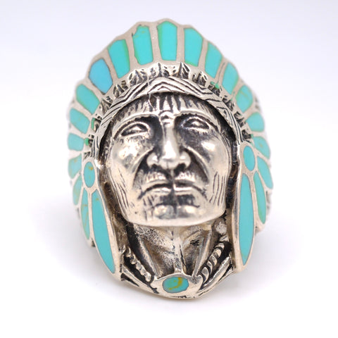 Vintage Sterling Turquoise Big Chief Ring 10