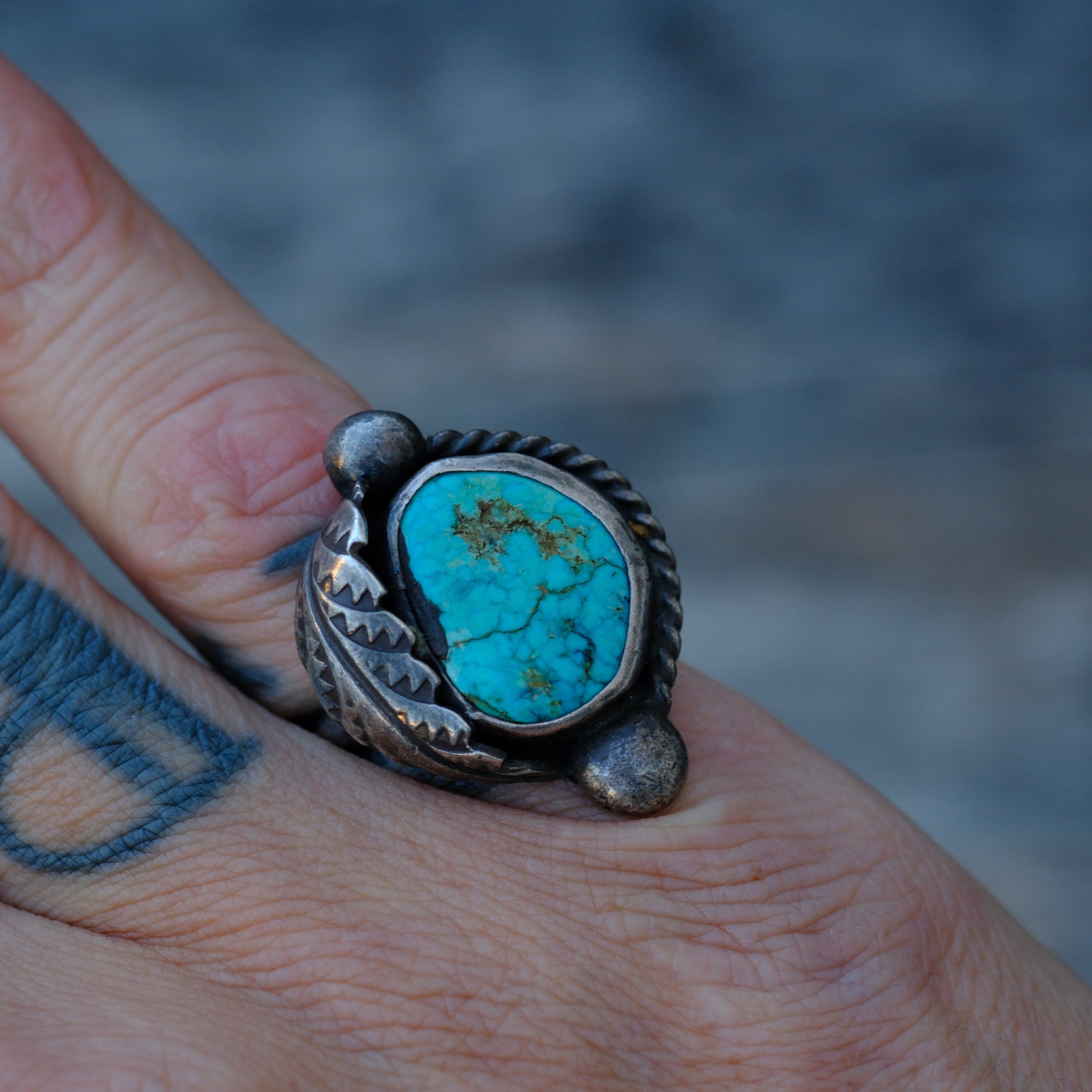 Vintage Sterling Turquoise Feather Ring 5.25