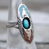 Vintage Sterling Crushed Turquoise and Coral Ring 5.25