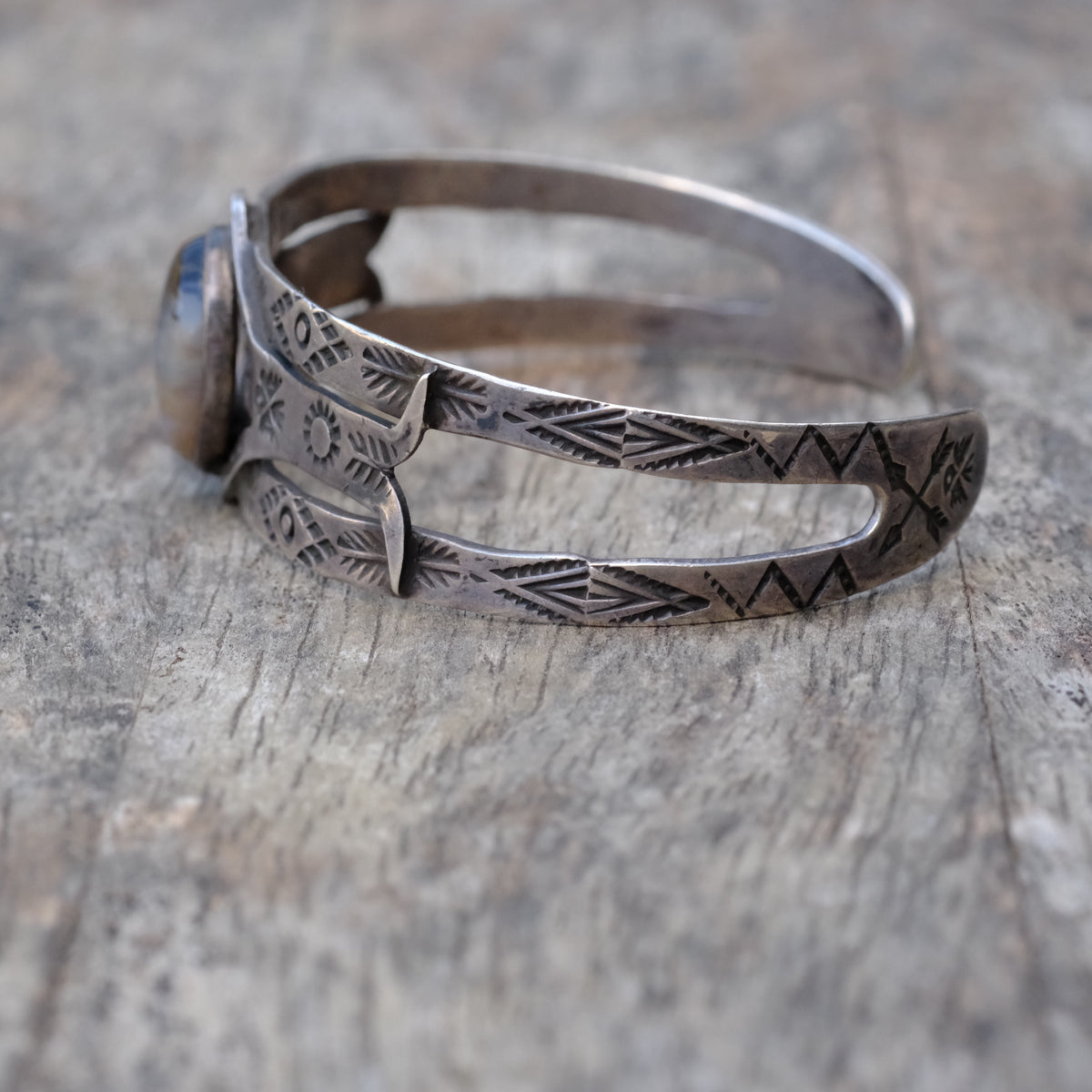 Vintage Sterling Petrified Wood Thunderbird Cuff Bracelet