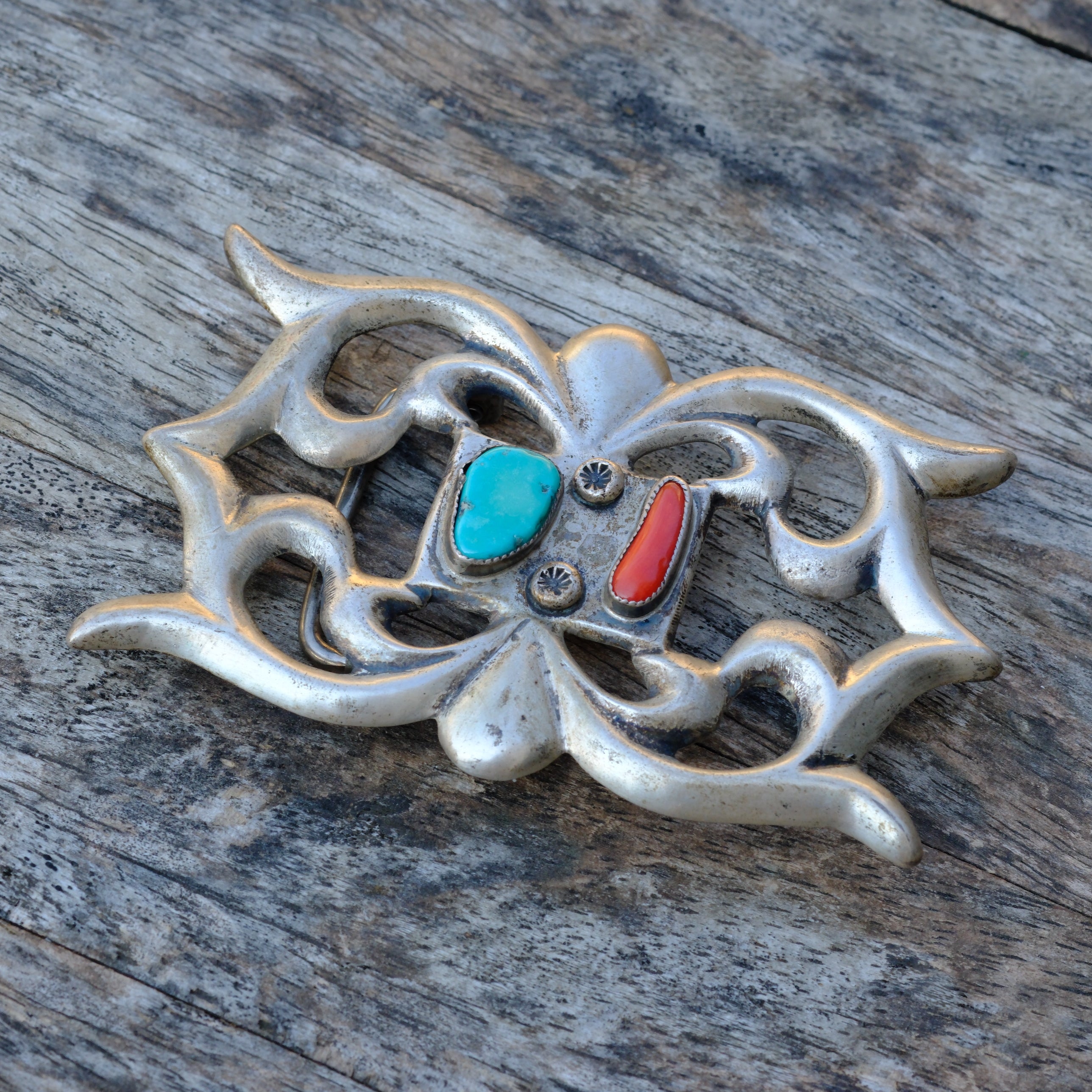 Vintage Sterling Turquoise and Coral Sandcast Belt Buckle