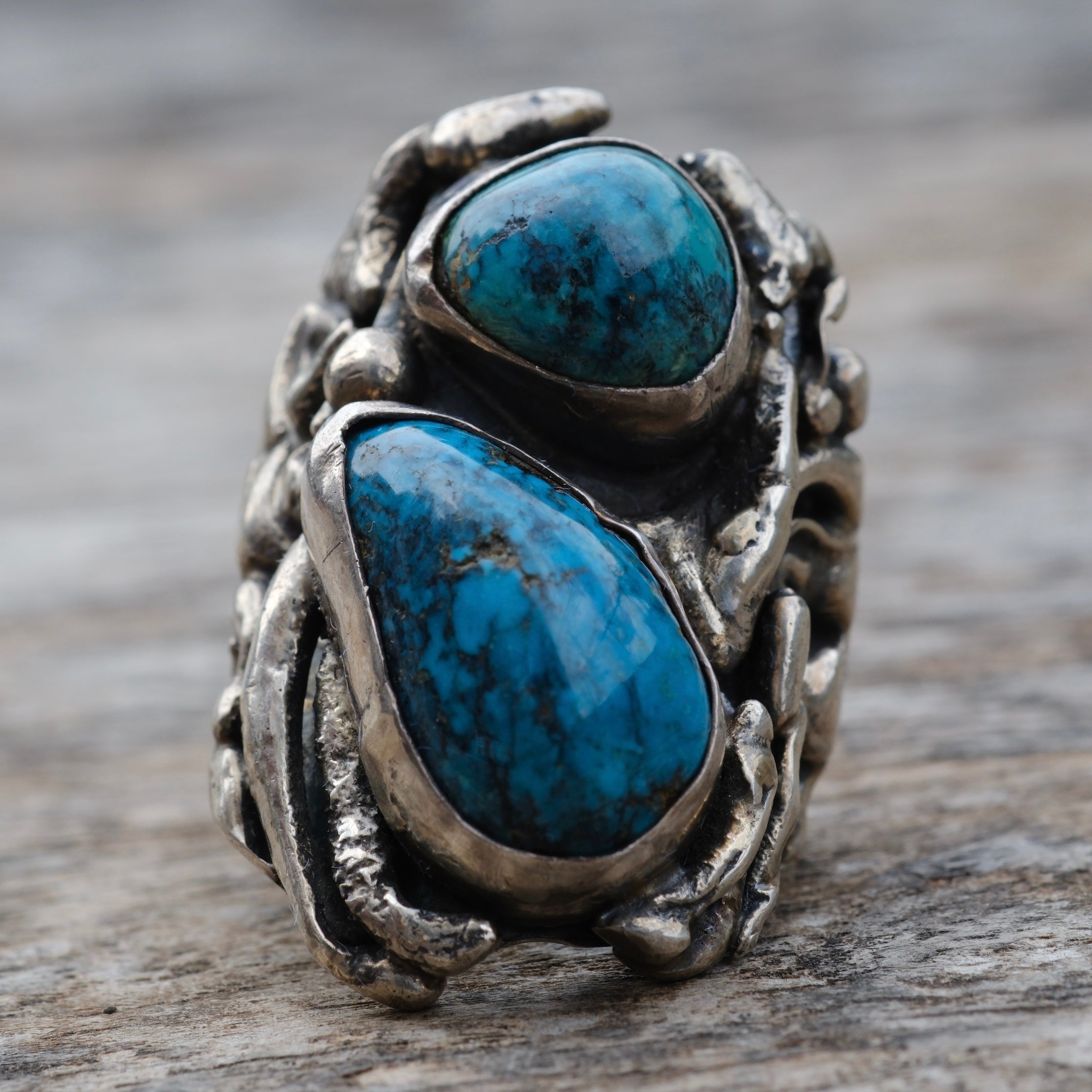 Vintage Sterling Huge 2-Stone Chunky Turquoise Ring 9