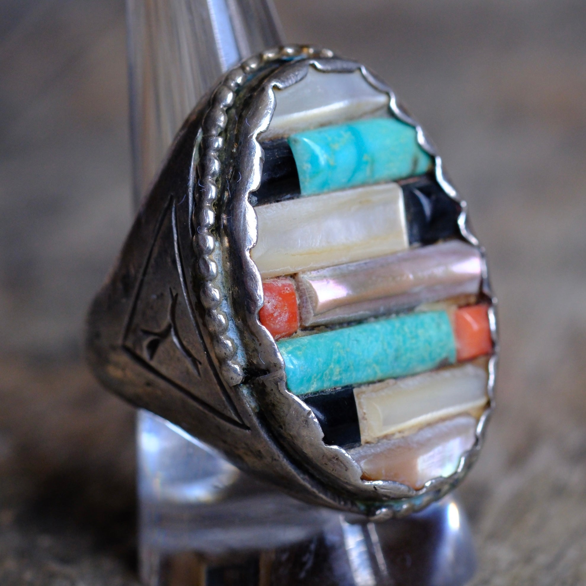 Vintage Sterling Multistone Inlay Row Ring 10