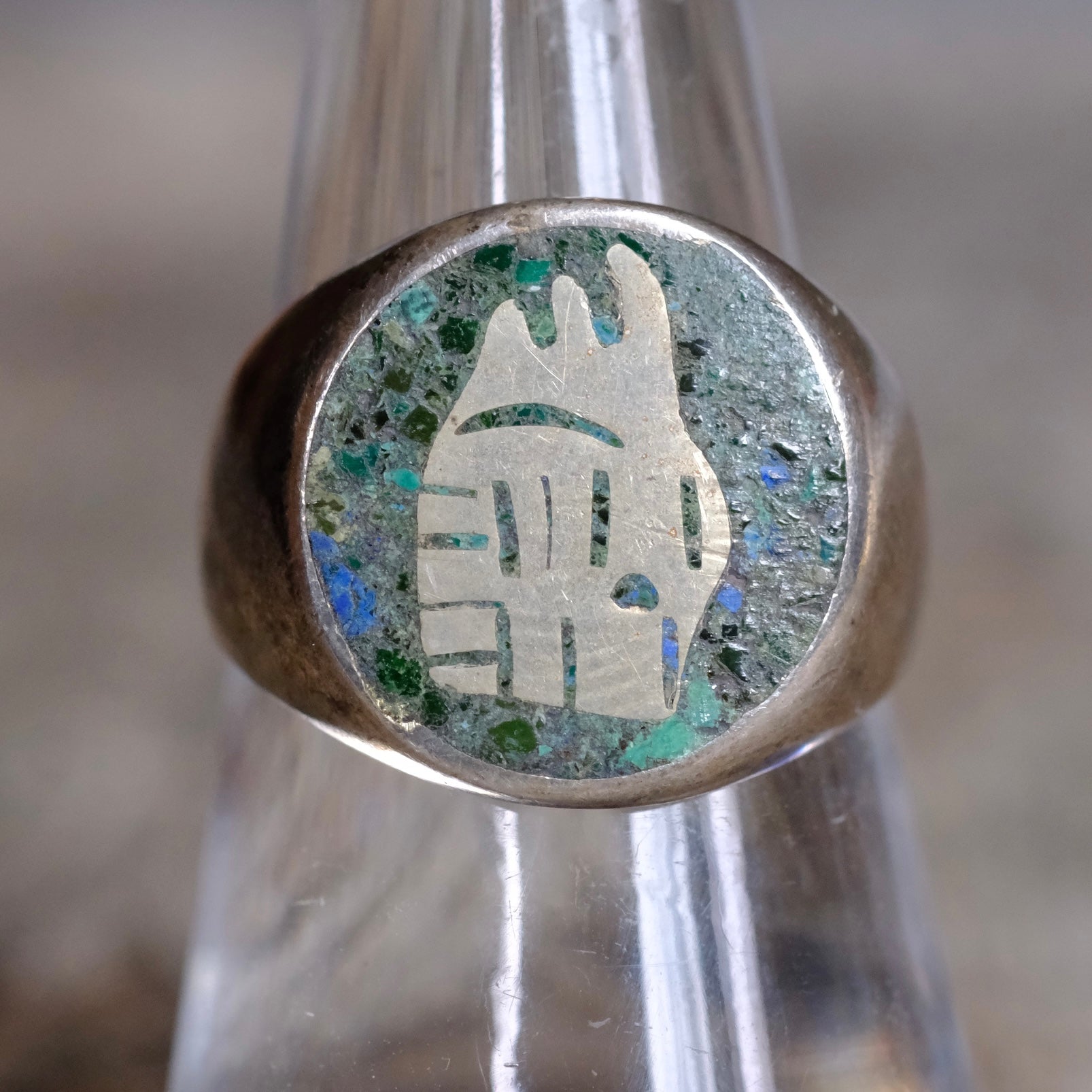 Vintage Sterling Turquoise Inlay Taxco Ring 8.25