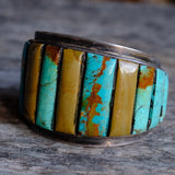MASSIVE Vintage Sterling Jasper And Turquoise Inlay Cuff Bracelet