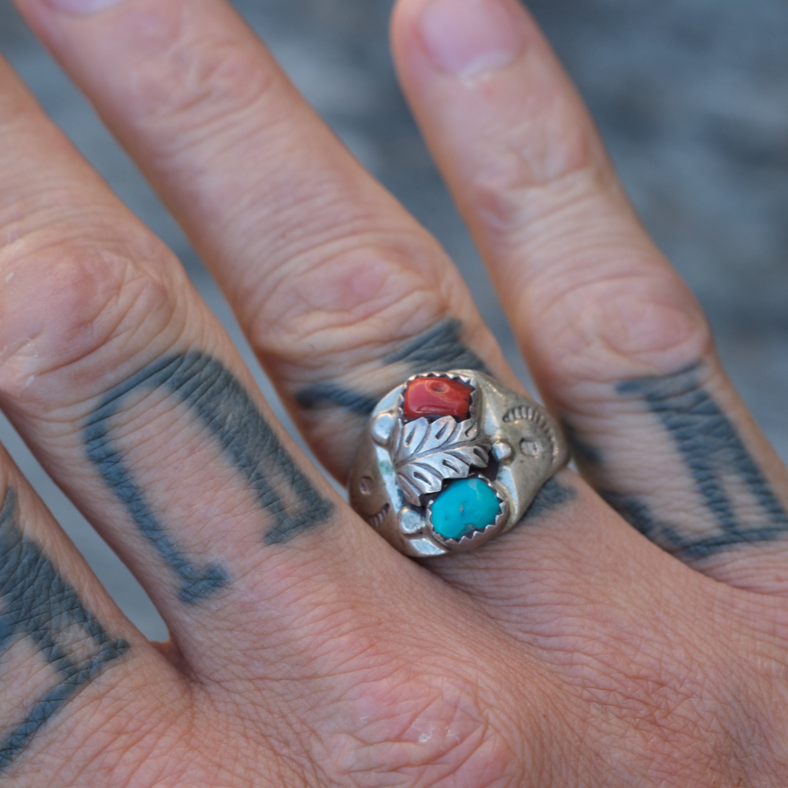 Vintage Sterling Turquoise and Coral Feather Ring 8.25