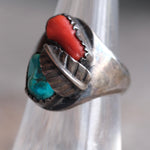 Vintage Sterling Turquoise and Coral Feather Ring 6