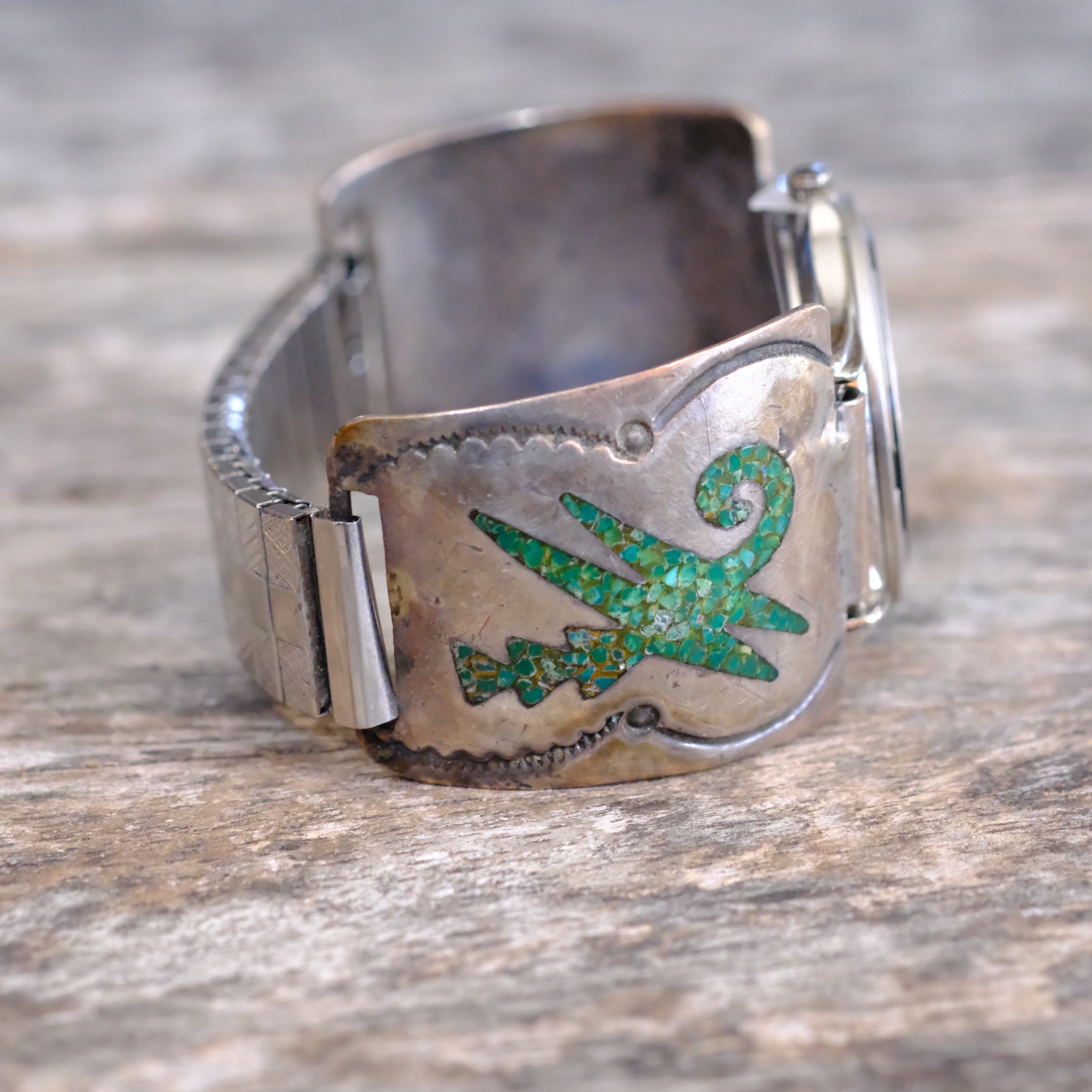 Vintage Sterling Crushed Turquoise Inlay Watch With Turquoise Dial