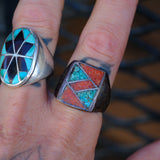 Vintage Sterling Turquoise and Coral Inlay Ring 9.5