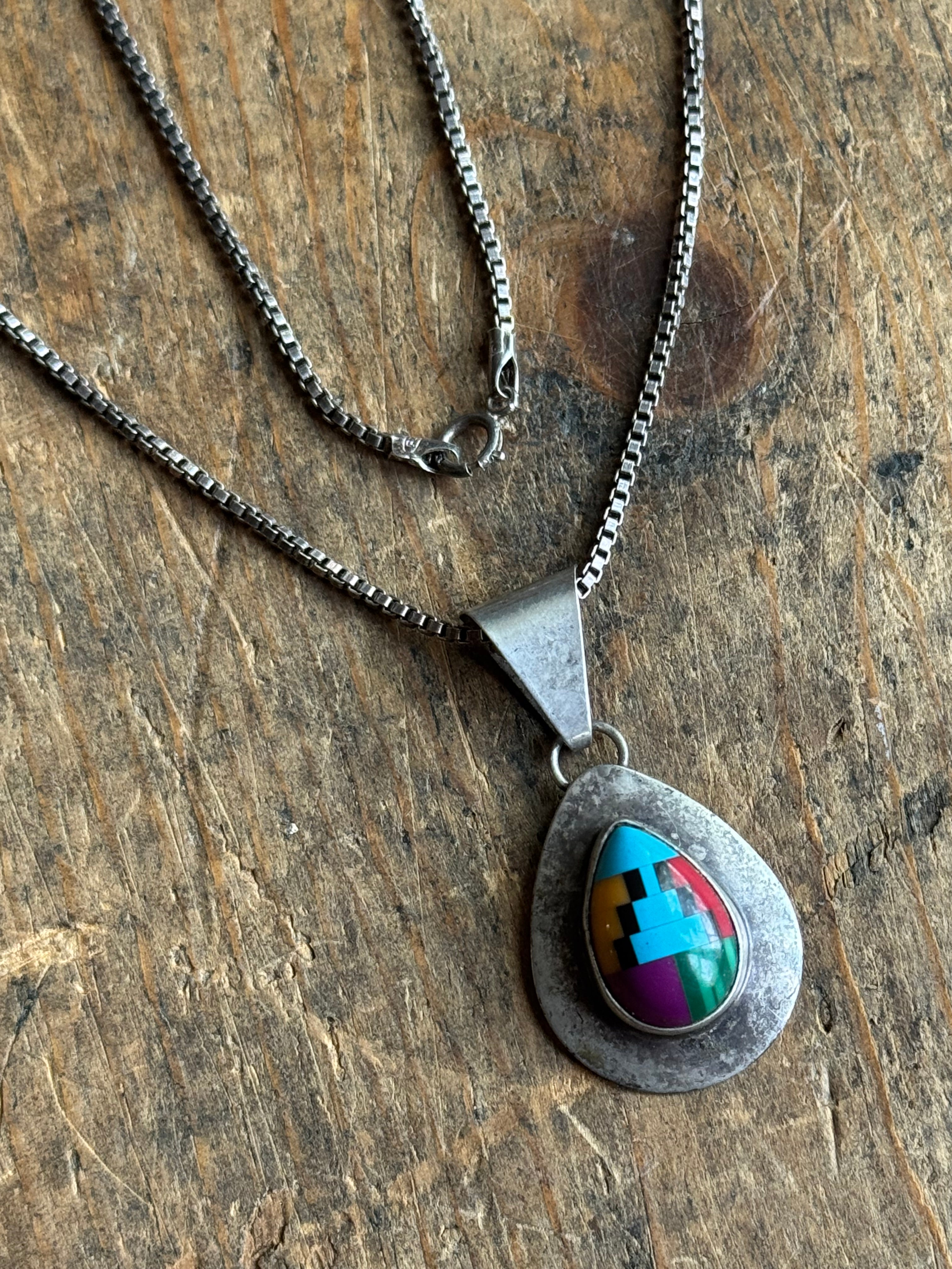 Vintage Sterling Silver Multistone Inlay Teardrop Necklace
