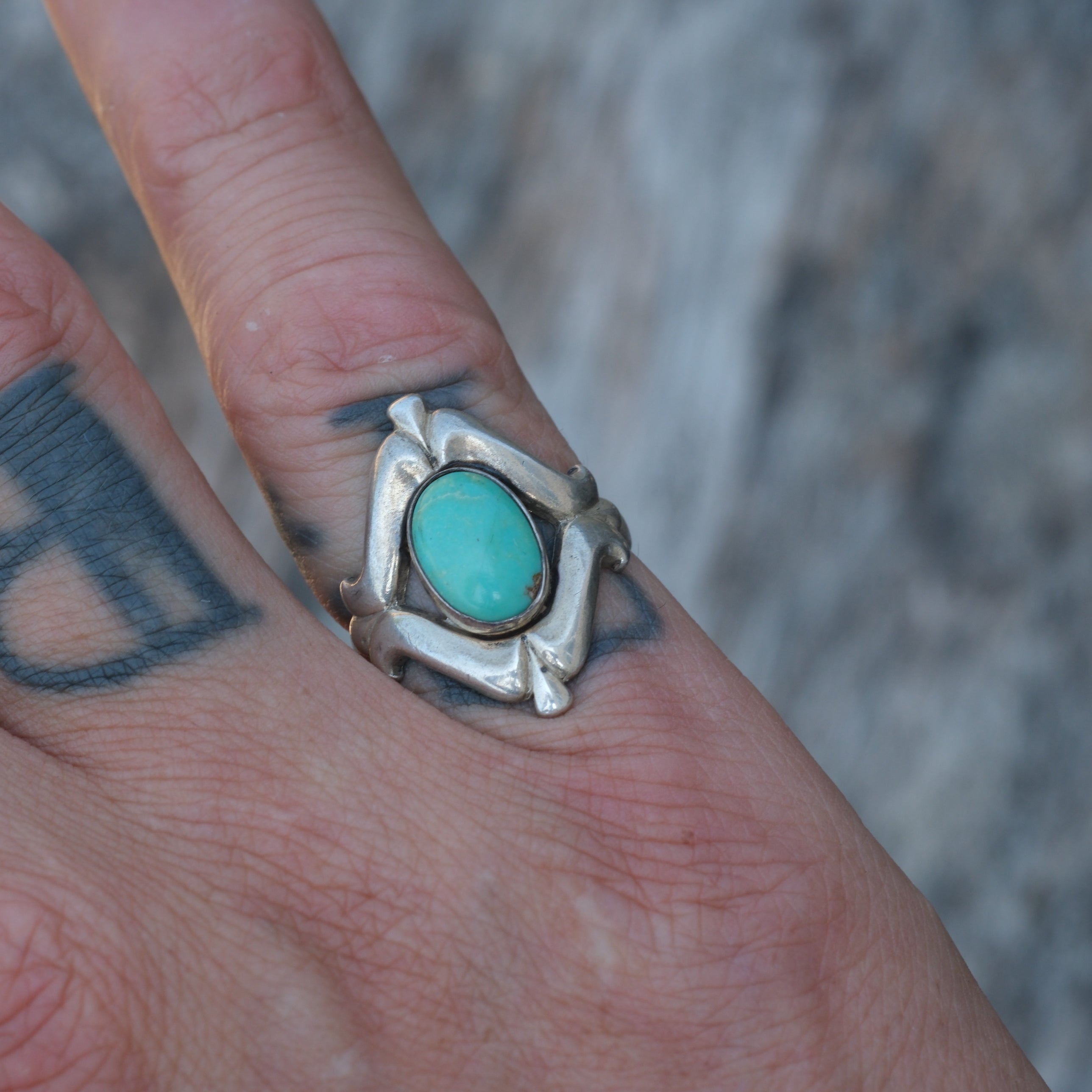 Vintage Sterling Turquoise Sandcast Ring 5.75