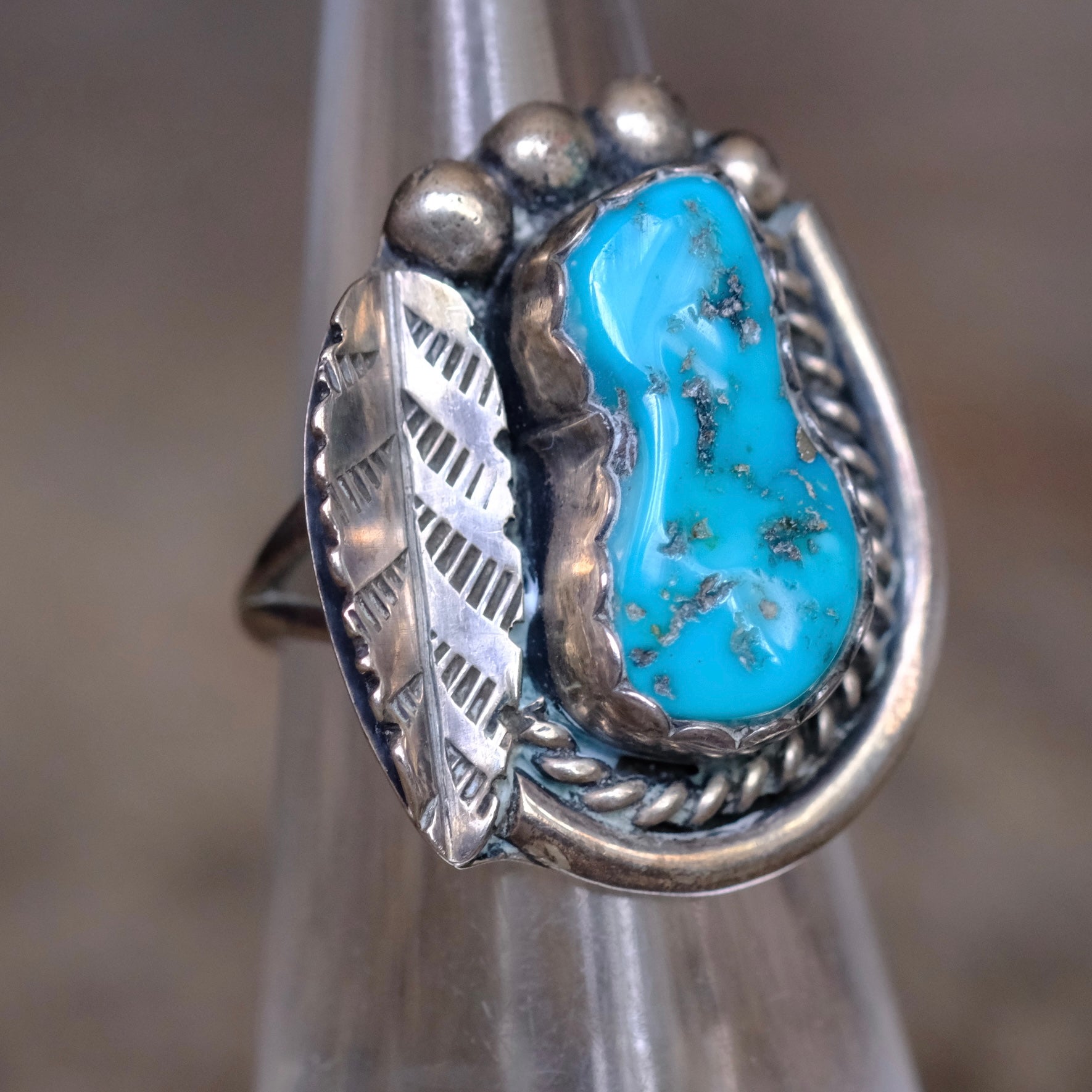 Vintage Sterling Turquoise Feather Ring 5