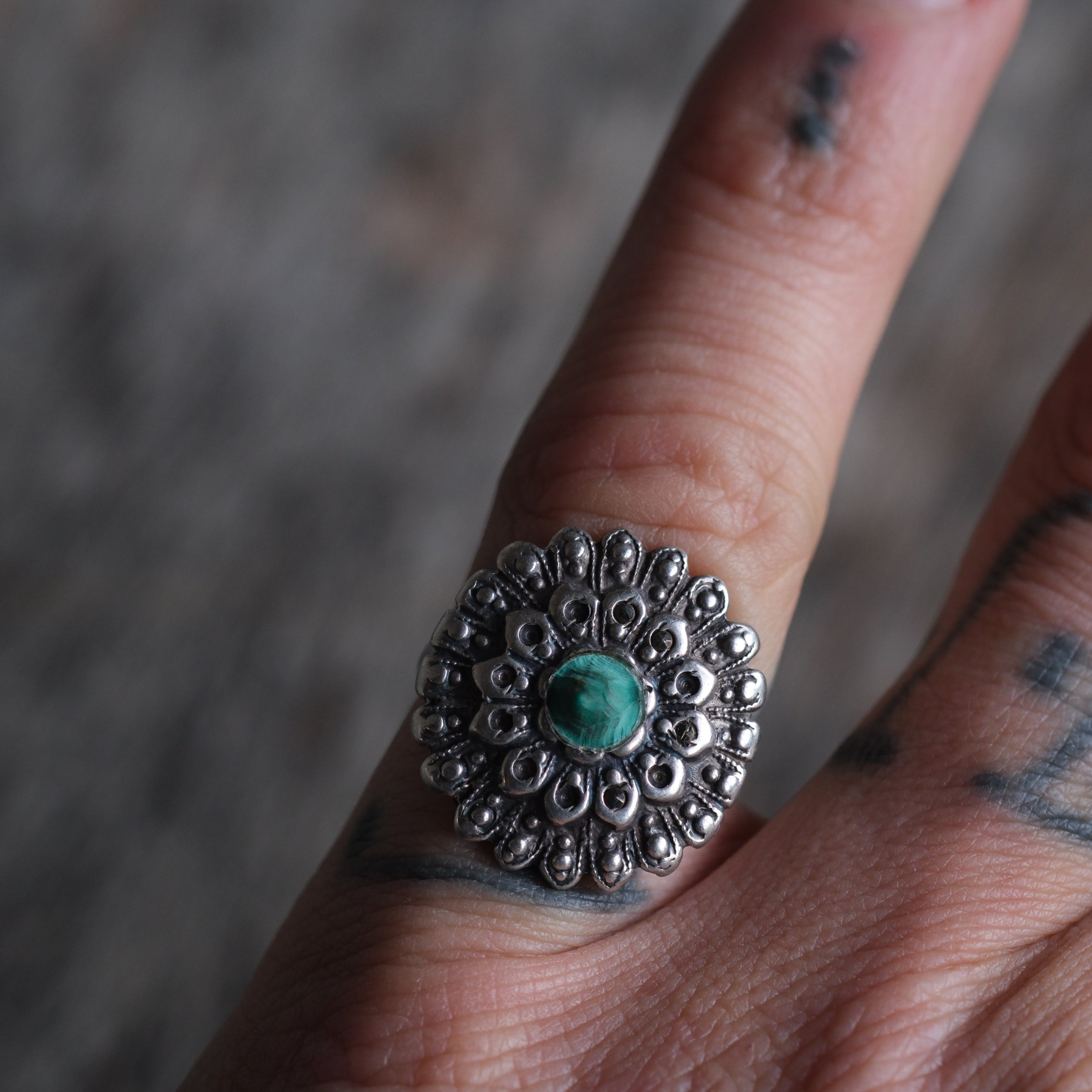 Vintage Sterling Turquoise Floral Ring 4.25