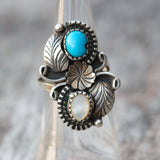 Vintage Sterling Turquoise and Mother Of Pearl Feather Ring 5