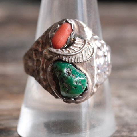 Vintage Sterling Turquoise and Coral Feather Ring 10