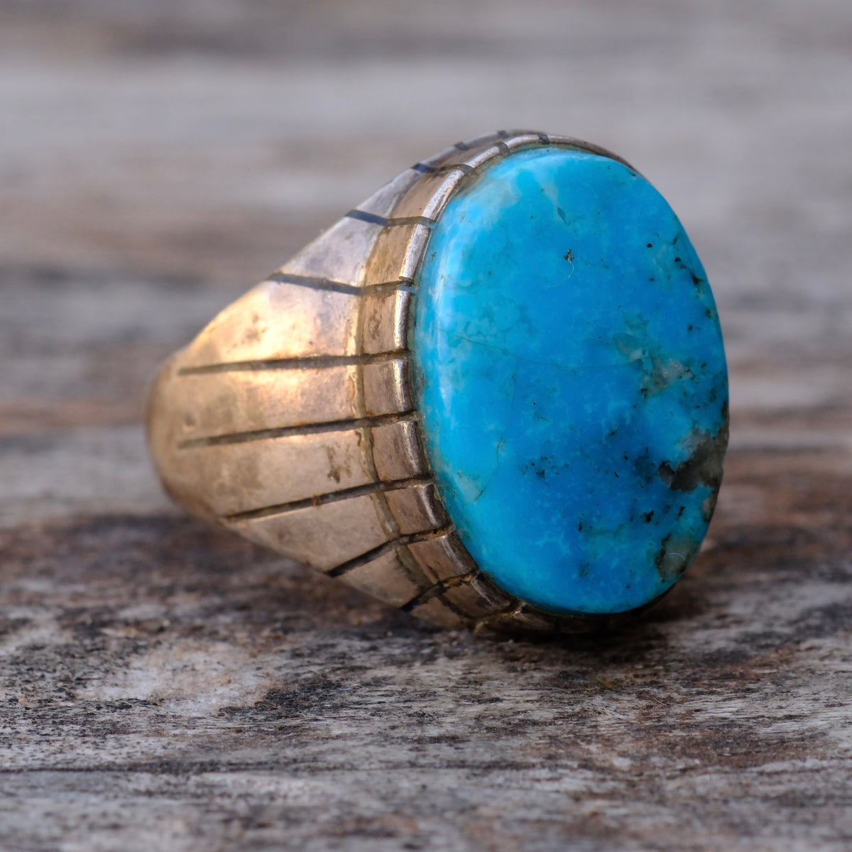 Vintage Sterling Turquoise Ribbed Band Ring 9.5