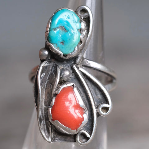 Vintage Sterling Turquoise and Coral Ring 6