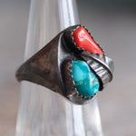 Vintage Sterling Turquoise and Coral Feather Ring 6