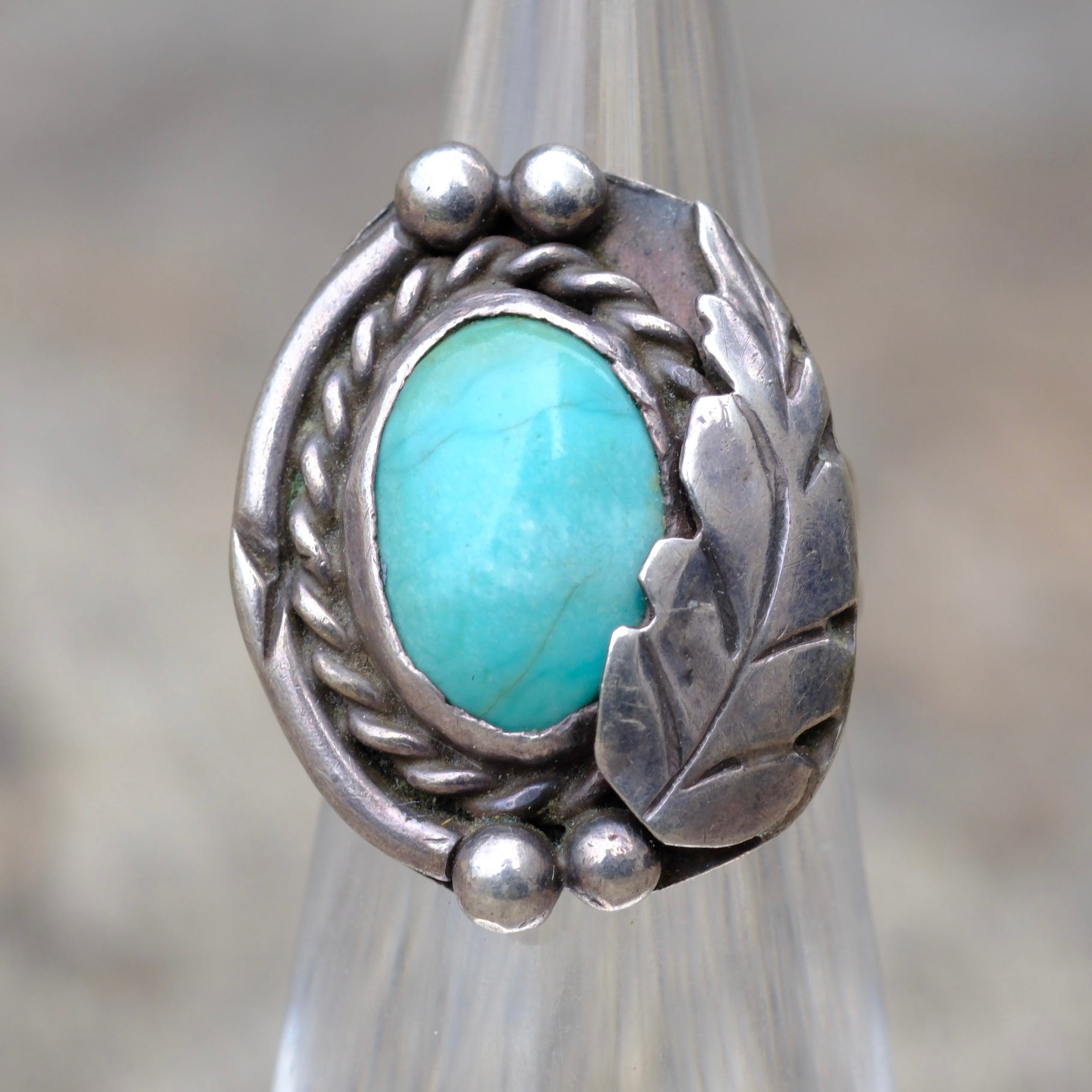 Vintage Sterling Turquoise Feather Ring 3.75