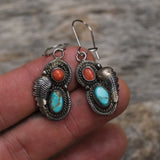 Vintage Sterling Turquoise and Coral Feather Earrings