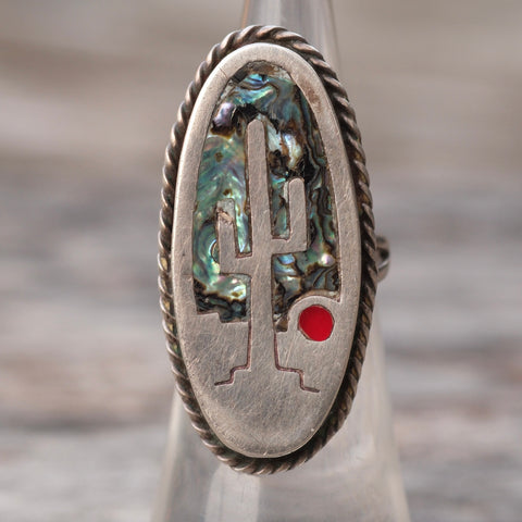 Vintage Sterling Cactus Inlay Ring 5